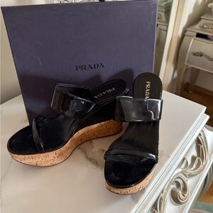 Prada Glossy Black Cork Wedges